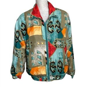 Bogari Vintage Silk Bomber Track Jacket Geometric 80s Graphic Small